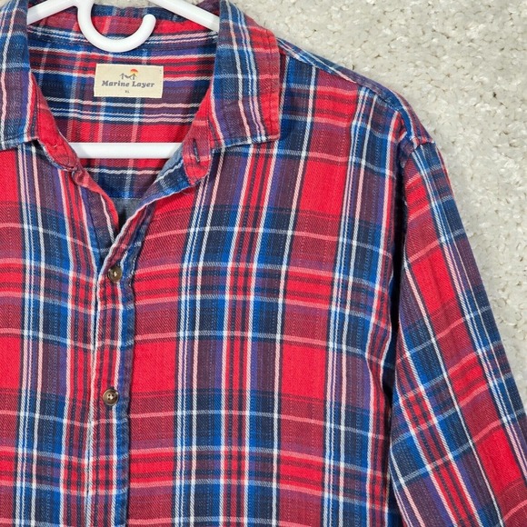 Marine Layer Shirt‎ Mens XL Red Blue Plaid Flannel Long Sleeve Button Up - Picture 3 of 13